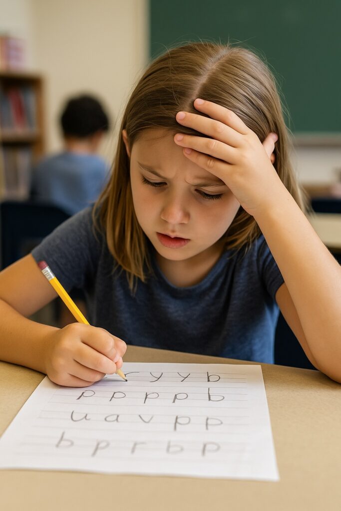 Enfant concentré en classe, écrivant une dictée avec difficultés orthographiques, illustrant la dysorthographie.