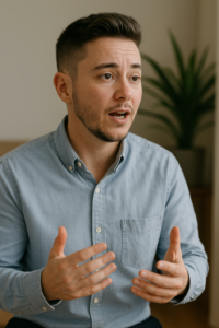 Personne en séance d’orthophonie travaillant la respiration et la posture pour masculiniser sa parole.