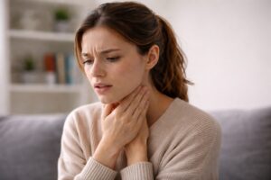 Femme tenant sa gorge illustrant une voix instable, les tensions vocales et les difficultés de stabilisation de la voix